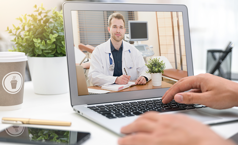 Laptop computer shows a virtual doctor’s appointment