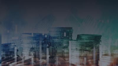 collage of stacked coins and skyscrapers