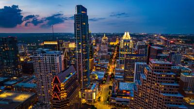 aerial view of Austin business skyline at night
