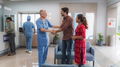 couple shakes hands with doctor in medical lobby
