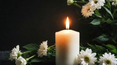 white candle and daisies on dark background