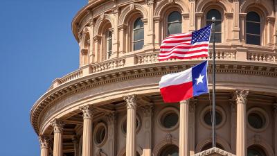 American flag and Texas flags waving in front of Texas capitol