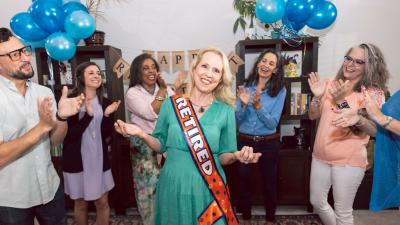 retirement party with friends and balloons