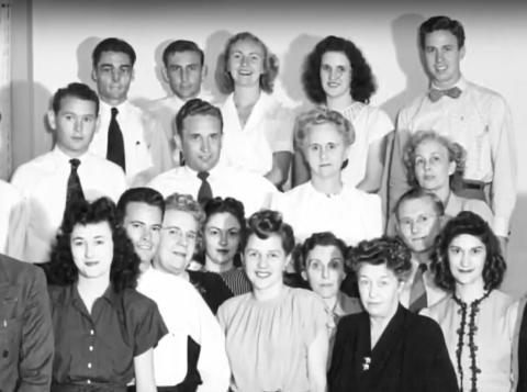 black and white photo of TRS staff in 1947