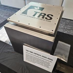 large metal time capsule box with TRS logo