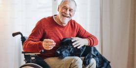 Elder man in red sweater sitting in wheelchair with dog laying across mans lap