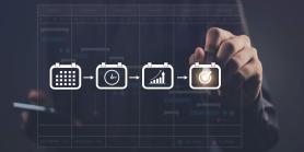 hand points to four squares showing a timeline for a task