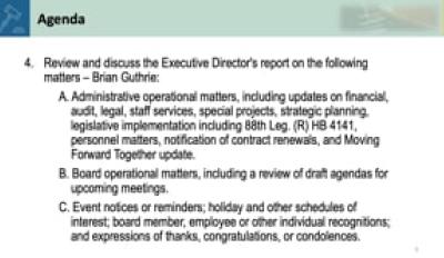 4. Review and discuss the Executive Director's report - Brian Guthrie
