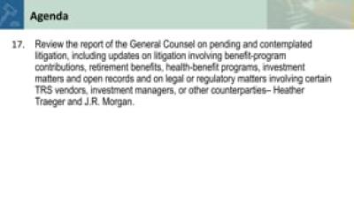 17. Review the report of the General Counsel on pending and contemplated litigation