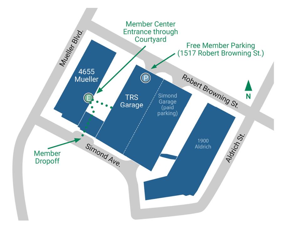 map showing the TRS campus buildings and parking space