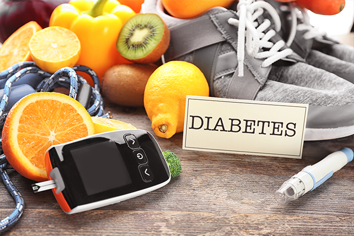 glucose meter, fruit and tennis shoes
