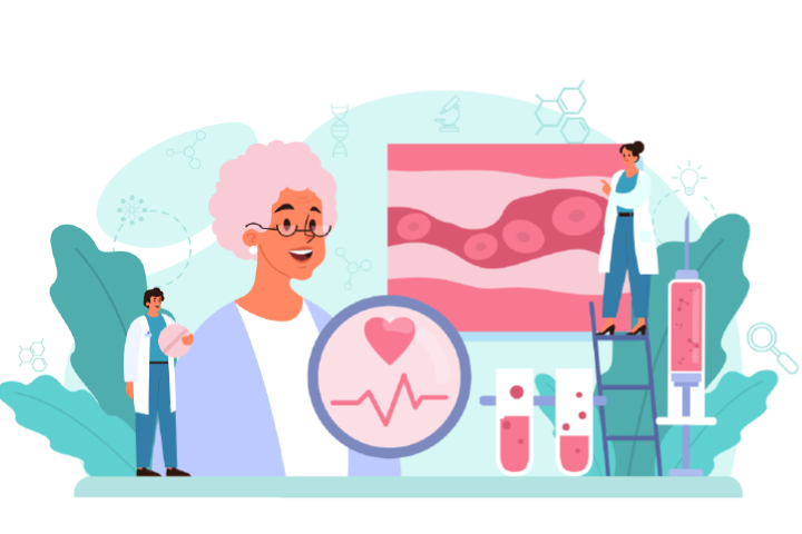 illustration of older woman with doctors and heart health elements