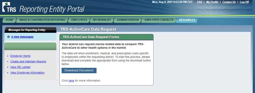 A window that shows a Download Document button to download the TRS ActiveCare Data Request Form
