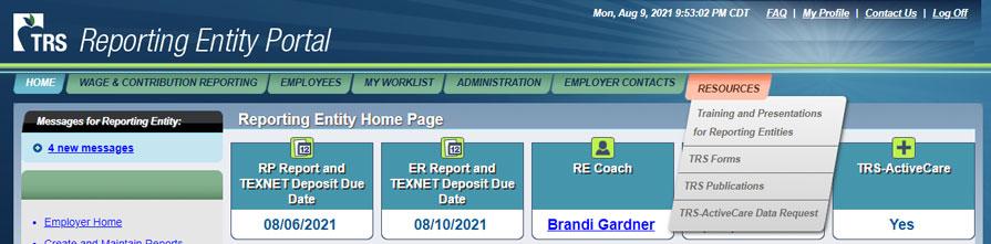 A window that shows a menu with a Resources tab and the following choices: Training and Presentations for Reporting Entitees, TRS Forms, TRS Publications, and TRS ActiveCare Data Request