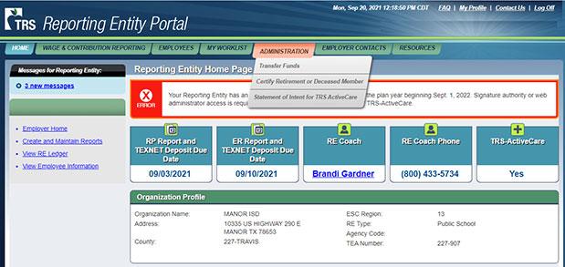 Reporting Entity Portal Screenshot: On the top navigation menu, the Administration tab is selected with a drop-down menu.
