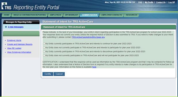 Reporting Entity Portal Screenshot showing a form titled "Statement of Intent for TRS-ActiveCare"