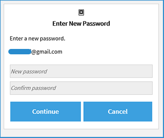 An Enter New Password window with these fields: New password, Confirm password and the Continue and Cancel buttons