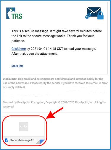 An email that says 'This is a secure message. To read it, open the attachment.' An attachment with a partial title 'SecureMessage...' is located at the bottom of the message