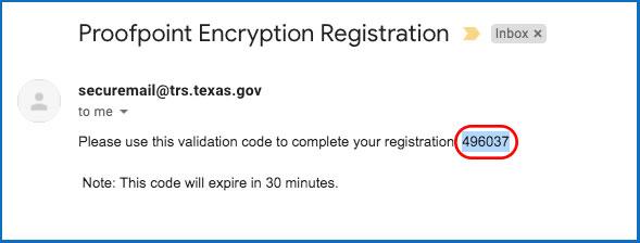 A registration form for creating an account to read secure email. The form has the following fields: Email Address, First Name, Last Name, Password, Confirm Password, Validation Code (Find this code from a Proofpoint email. At the bottom, it has a button labeled 'Continue'