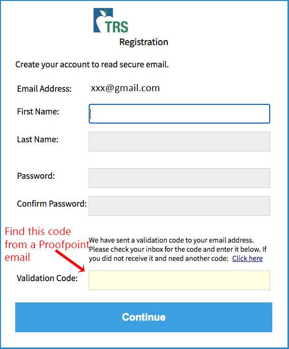 A registration form for filling in the first name, last name, password, confirm password and enter the validation code.