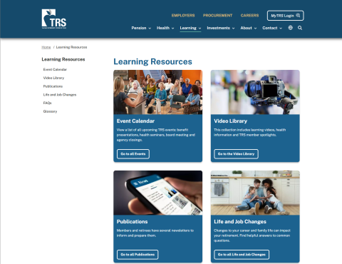 Screenshot of TRS learning resources landing web page