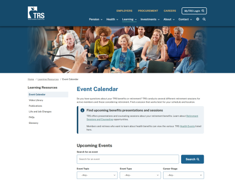 Screenshot of TRS event calendar with searchable events
