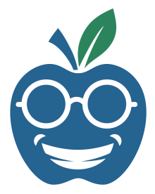 logo of a blue apple smiling with glasses on